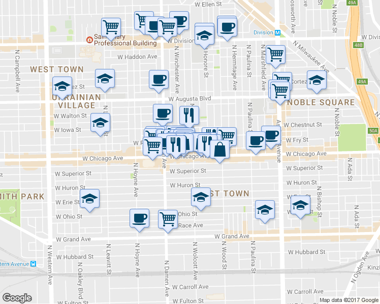 map of restaurants, bars, coffee shops, grocery stores, and more near 820 North Wolcott Avenue in Chicago