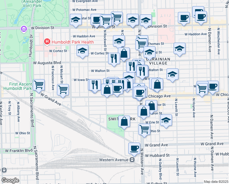 map of restaurants, bars, coffee shops, grocery stores, and more near 825 North Maplewood Avenue in Chicago