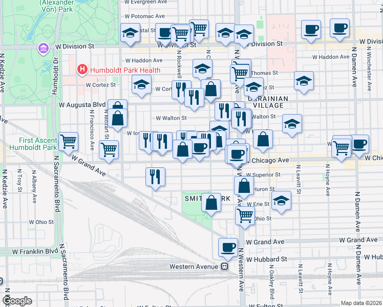 map of restaurants, bars, coffee shops, grocery stores, and more near 825 North Rockwell Street in Chicago