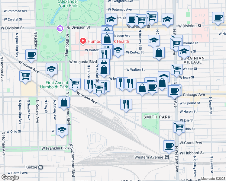 map of restaurants, bars, coffee shops, grocery stores, and more near in Chicago