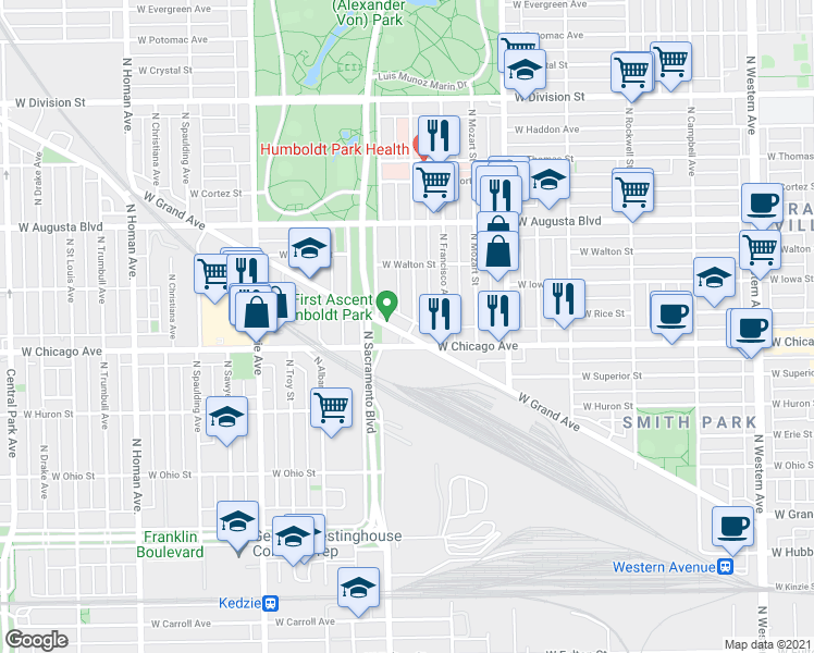 map of restaurants, bars, coffee shops, grocery stores, and more near 828 North Richmond Street in Chicago