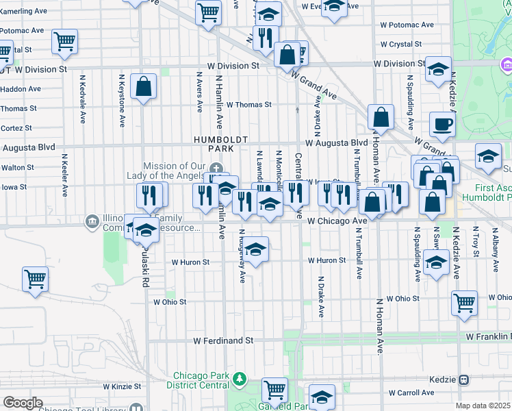 map of restaurants, bars, coffee shops, grocery stores, and more near 835 North Lawndale Avenue in Chicago