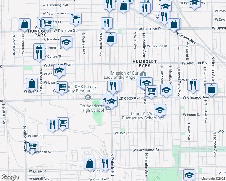 map of restaurants, bars, coffee shops, grocery stores, and more near 837 North Pulaski Road in Chicago