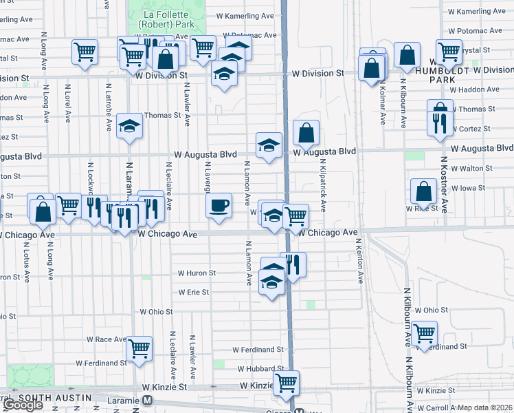 map of restaurants, bars, coffee shops, grocery stores, and more near 4827 West Iowa Street in Chicago