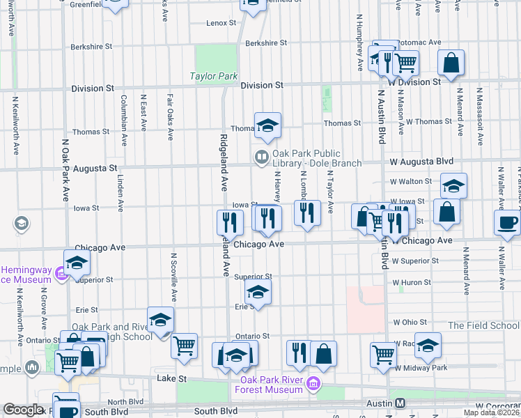 map of restaurants, bars, coffee shops, grocery stores, and more near 260 Iowa Street in Oak Park