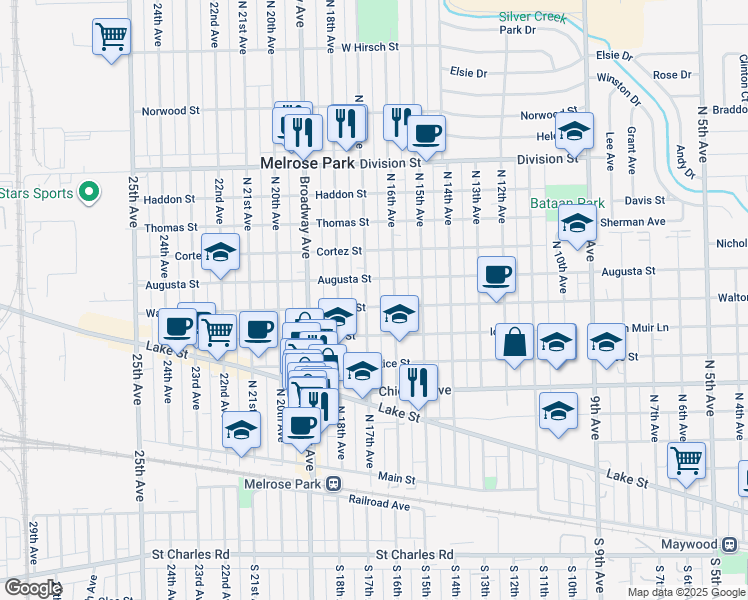 map of restaurants, bars, coffee shops, grocery stores, and more near 1010 North 16th Avenue in Melrose Park