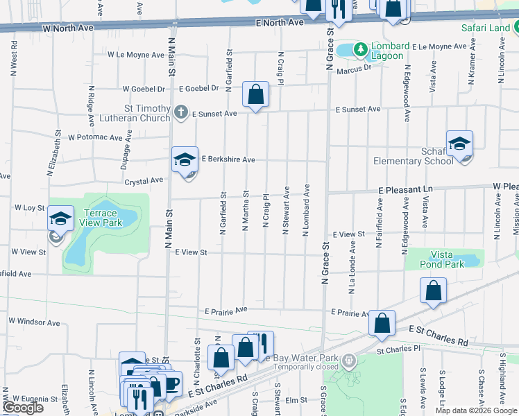map of restaurants, bars, coffee shops, grocery stores, and more near 356 North Craig Place in Lombard