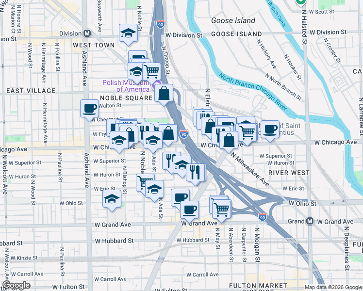 map of restaurants, bars, coffee shops, grocery stores, and more near W Chicago Ave & N Willard Ct in Chicago
