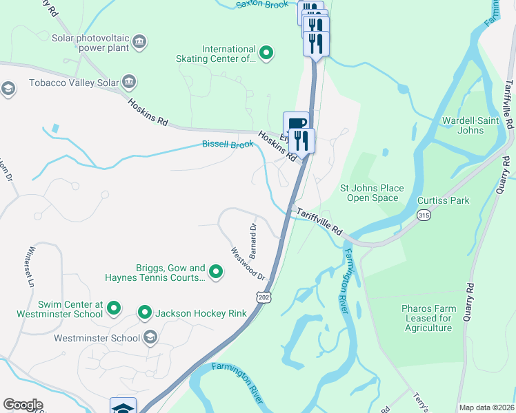 map of restaurants, bars, coffee shops, grocery stores, and more near 37 Westwood Drive in Simsbury