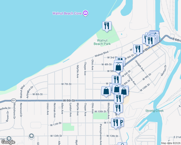 map of restaurants, bars, coffee shops, grocery stores, and more near 1845 West 5th Street in Ashtabula