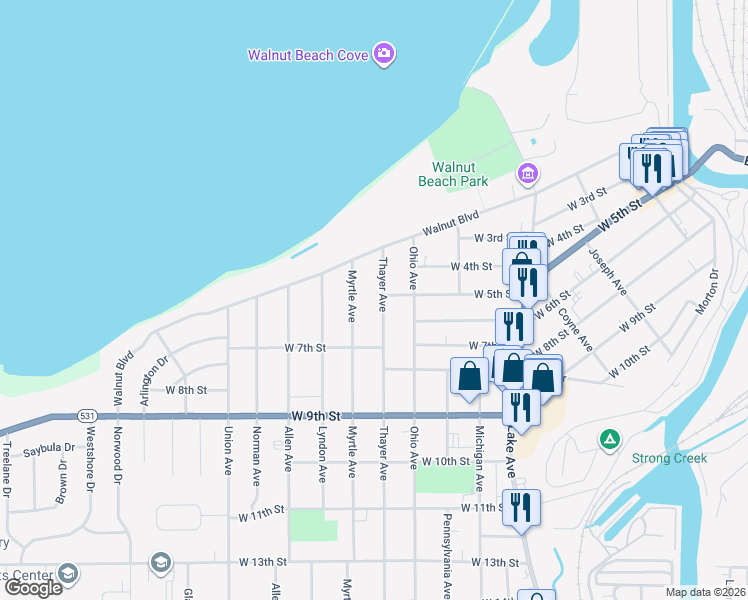 map of restaurants, bars, coffee shops, grocery stores, and more near 428 Thayer Avenue in Ashtabula