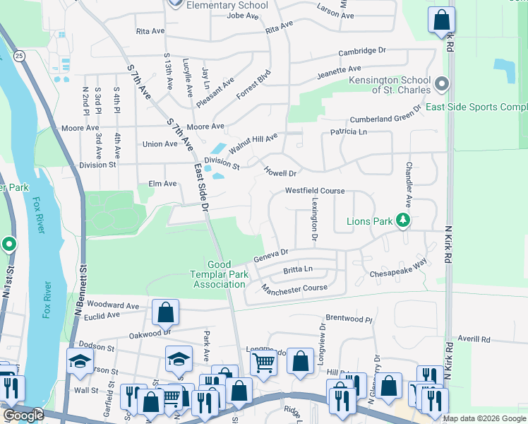 map of restaurants, bars, coffee shops, grocery stores, and more near 654 Westfield Course in Geneva