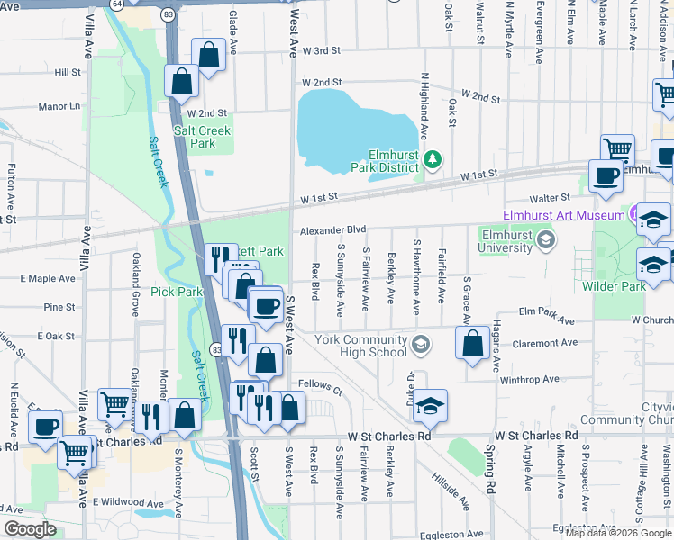 map of restaurants, bars, coffee shops, grocery stores, and more near 160 South Sunnyside Avenue in Elmhurst