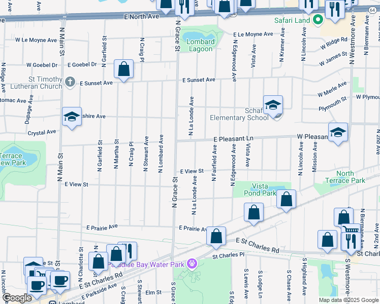 map of restaurants, bars, coffee shops, grocery stores, and more near 379 North La Londe Avenue in Lombard