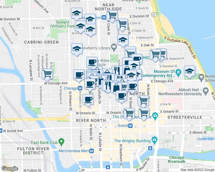 map of restaurants, bars, coffee shops, grocery stores, and more near in Chicago
