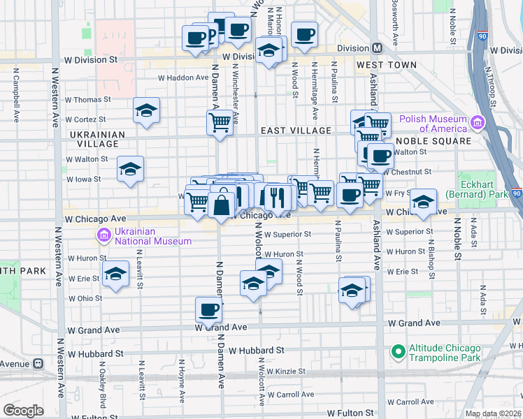 map of restaurants, bars, coffee shops, grocery stores, and more near 1856 West Chicago Avenue in Chicago