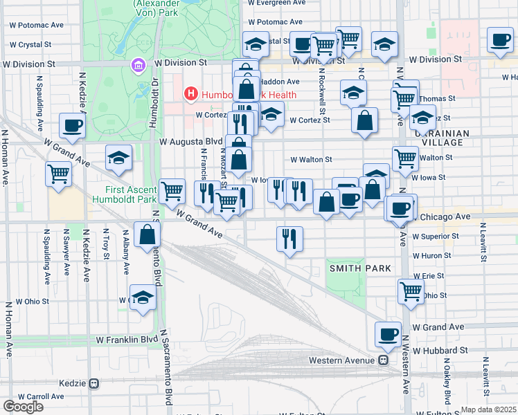 map of restaurants, bars, coffee shops, grocery stores, and more near in Chicago