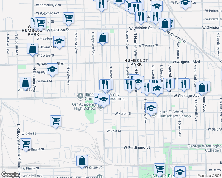 map of restaurants, bars, coffee shops, grocery stores, and more near 835 North Harding Avenue in Chicago