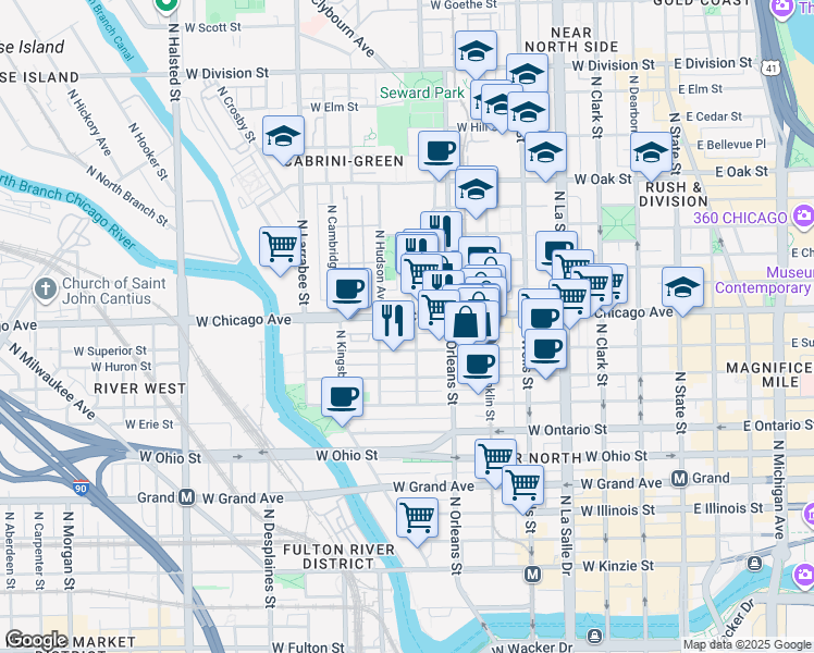 map of restaurants, bars, coffee shops, grocery stores, and more near 401 West Chicago Avenue in Chicago