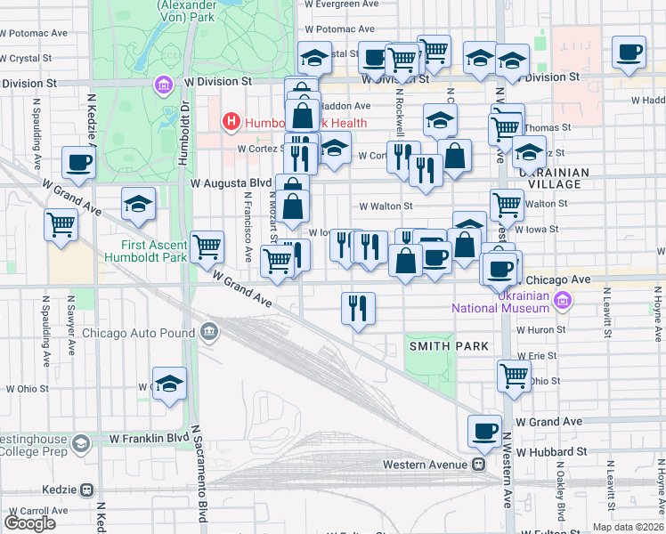 map of restaurants, bars, coffee shops, grocery stores, and more near 822 North Washtenaw Avenue in Chicago