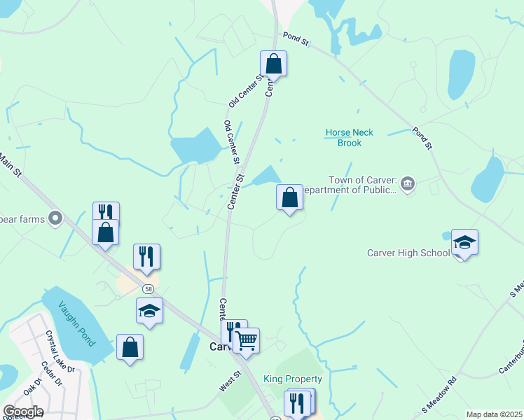 map of restaurants, bars, coffee shops, grocery stores, and more near 35 Center Street in Carver
