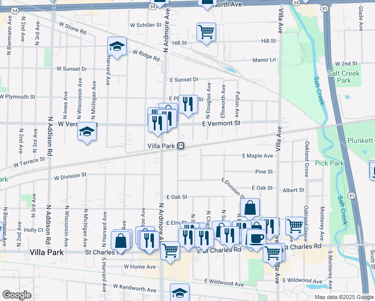 map of restaurants, bars, coffee shops, grocery stores, and more near 329 Cornell Avenue in Villa Park