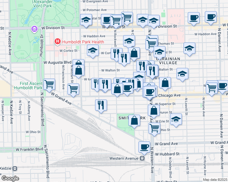 map of restaurants, bars, coffee shops, grocery stores, and more near 825 North Rockwell Street in Chicago