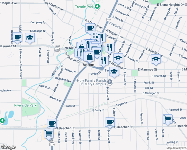 map of restaurants, bars, coffee shops, grocery stores, and more near 122 Union Street in Adrian