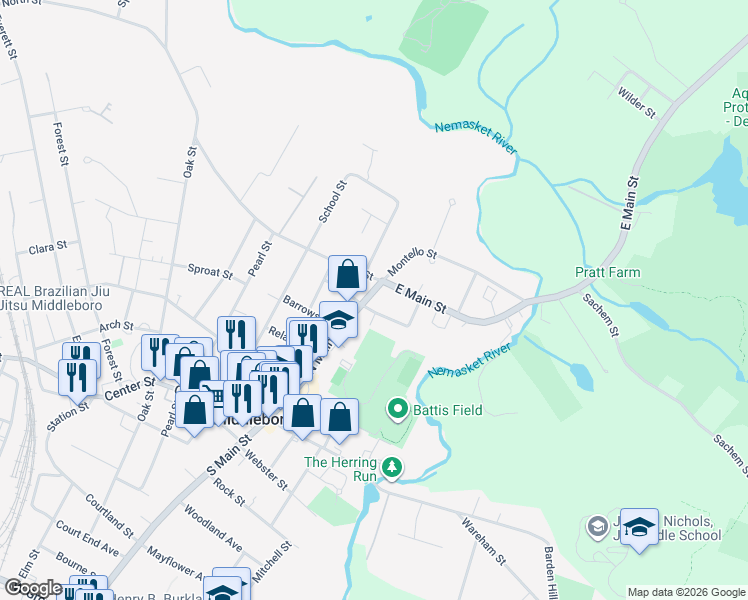 map of restaurants, bars, coffee shops, grocery stores, and more near 287 North Main Street in Middleborough