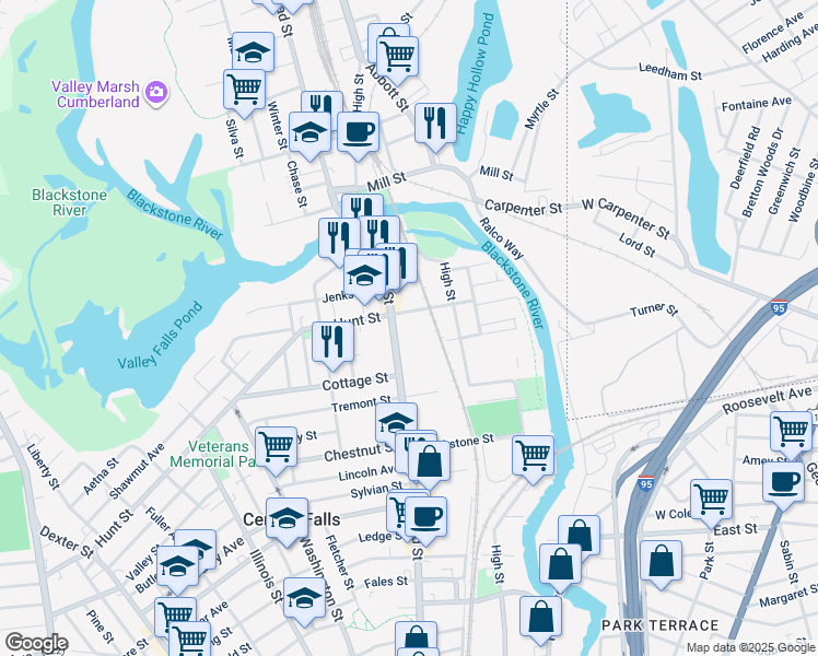 map of restaurants, bars, coffee shops, grocery stores, and more near in Central Falls