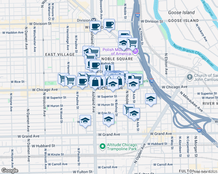 map of restaurants, bars, coffee shops, grocery stores, and more near 1500 West Chicago Avenue in Chicago