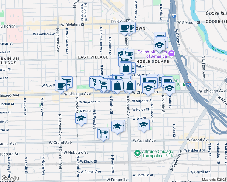 map of restaurants, bars, coffee shops, grocery stores, and more near in Chicago
