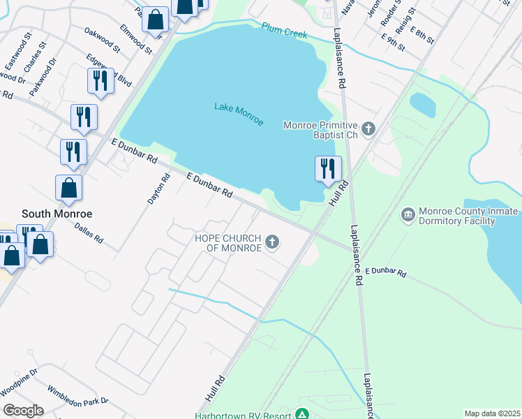 map of restaurants, bars, coffee shops, grocery stores, and more near 79 Oakridge East in Monroe