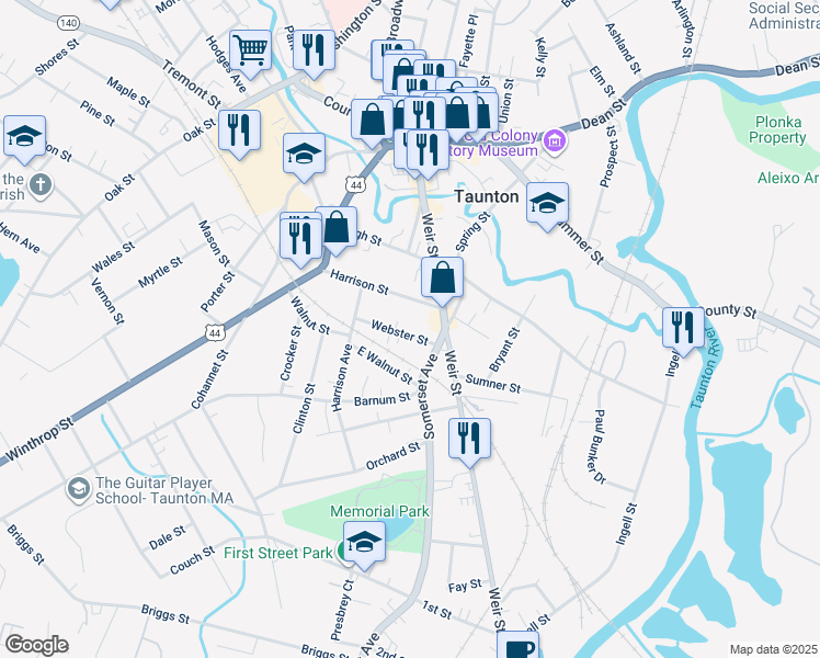 map of restaurants, bars, coffee shops, grocery stores, and more near 9 Webster Street in Taunton