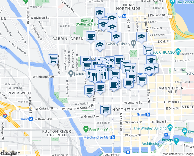 map of restaurants, bars, coffee shops, grocery stores, and more near 324 West Chicago Avenue in Chicago