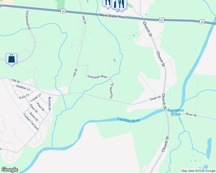 map of restaurants, bars, coffee shops, grocery stores, and more near 54 Suzanne Drive in Raynham