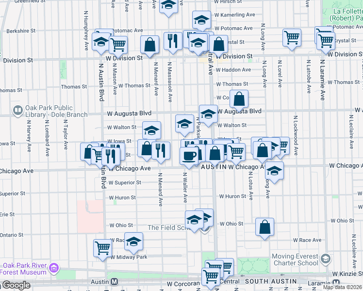 map of restaurants, bars, coffee shops, grocery stores, and more near 858 North Waller Avenue in Chicago
