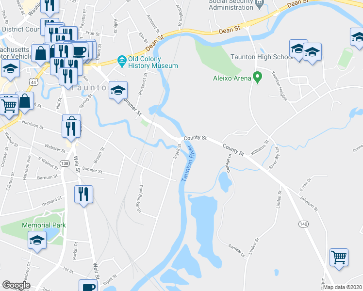 map of restaurants, bars, coffee shops, grocery stores, and more near 4 Ingell Street in Taunton