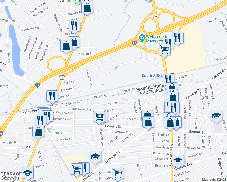 map of restaurants, bars, coffee shops, grocery stores, and more near 42 Colvin Street in Attleboro