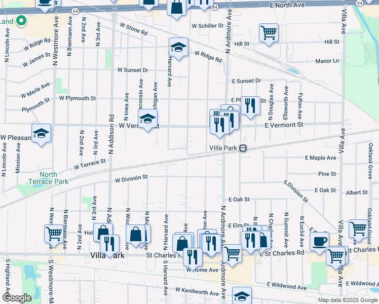 map of restaurants, bars, coffee shops, grocery stores, and more near 335 North Yale Avenue in Villa Park
