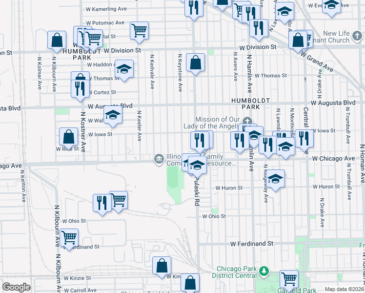 map of restaurants, bars, coffee shops, grocery stores, and more near 834 North Keystone Avenue in Chicago