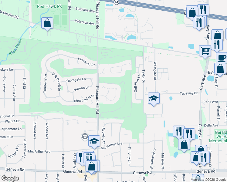 map of restaurants, bars, coffee shops, grocery stores, and more near 26W107 Houghton Lane in Winfield