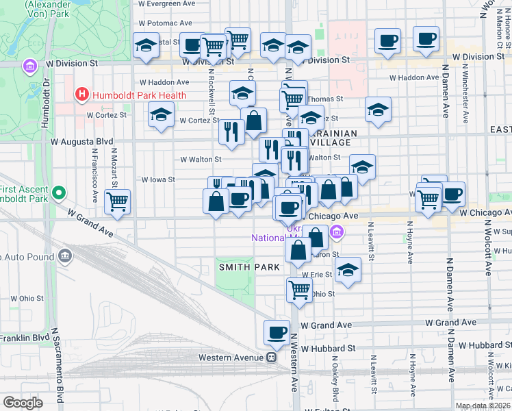 map of restaurants, bars, coffee shops, grocery stores, and more near 815 North Campbell Avenue in Chicago