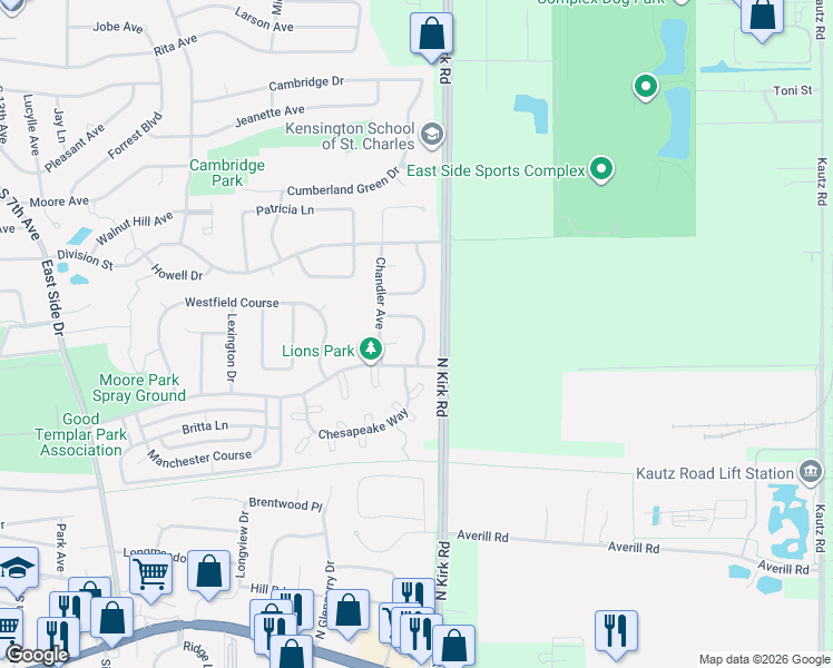 map of restaurants, bars, coffee shops, grocery stores, and more near 648 Green Meadow Lane in Geneva