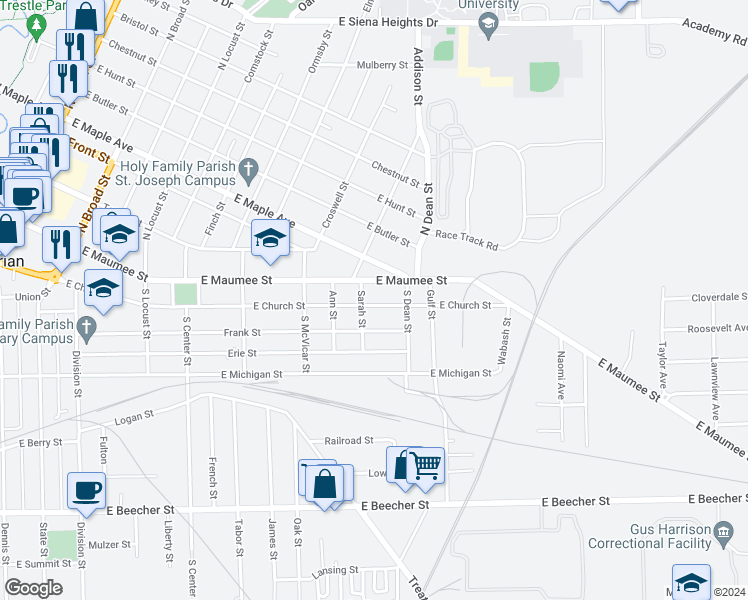 map of restaurants, bars, coffee shops, grocery stores, and more near 1113 East Church Street in Adrian