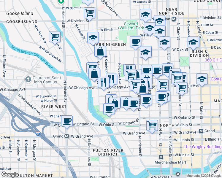 map of restaurants, bars, coffee shops, grocery stores, and more near 469 West Chicago Avenue in Chicago
