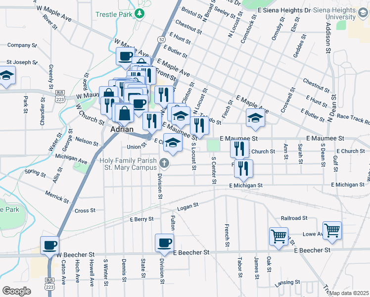 map of restaurants, bars, coffee shops, grocery stores, and more near 371 East Church Street in Adrian