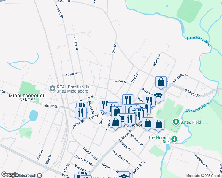 map of restaurants, bars, coffee shops, grocery stores, and more near 75 Oak Street in Middleborough
