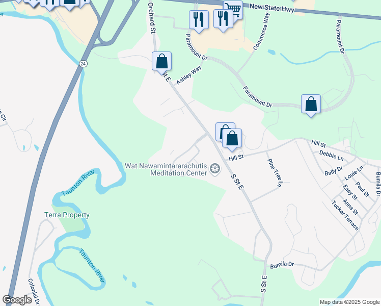 map of restaurants, bars, coffee shops, grocery stores, and more near 4 Meadow Drive in Raynham