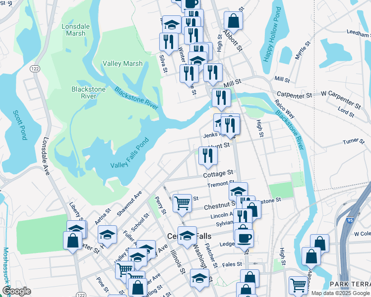 map of restaurants, bars, coffee shops, grocery stores, and more near 26 Verdun Street in Central Falls